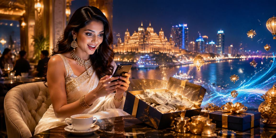 Indian woman using casino app on smartphone